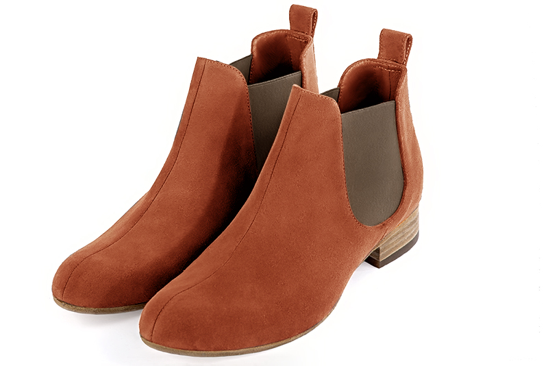 Terracotta orange and taupe brown dress ankle boots for men. Round toe. Flat leather soles. Front view - Florence KOOIJMAN